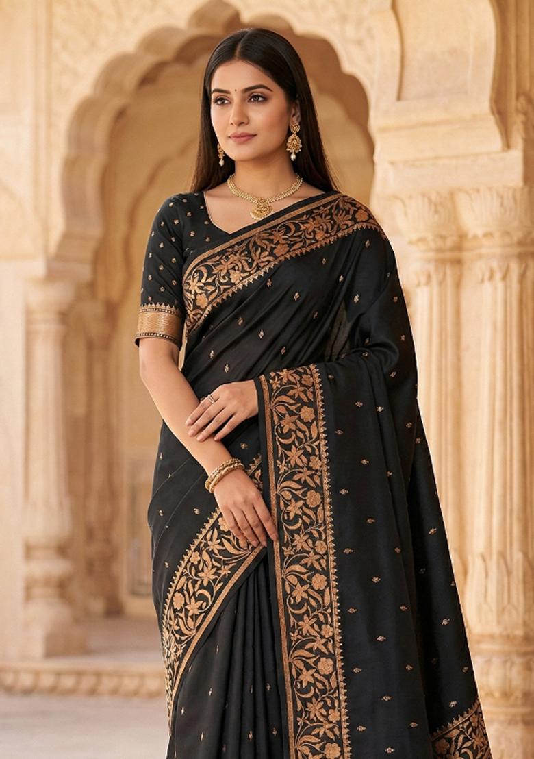 Black Woven Design Banarasi Saree Set - Indya