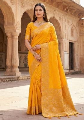 Yellow Woven Design Banarasi Saree Set