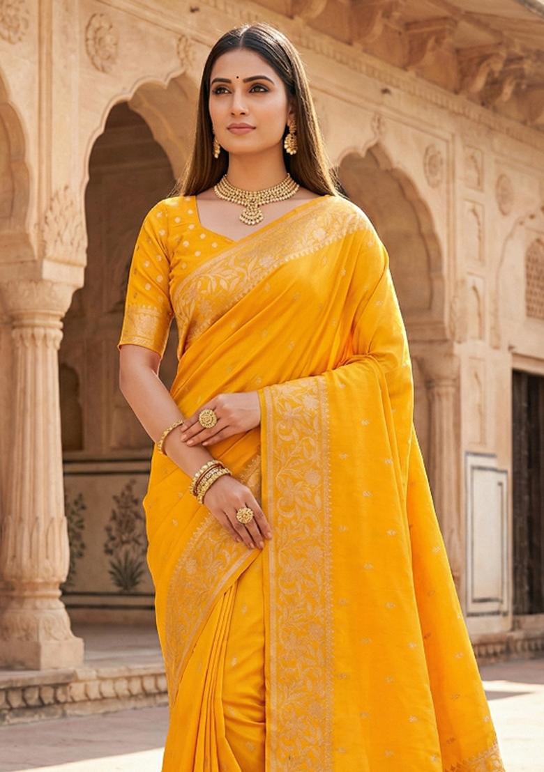 Yellow Woven Design Banarasi Saree Set - Indya