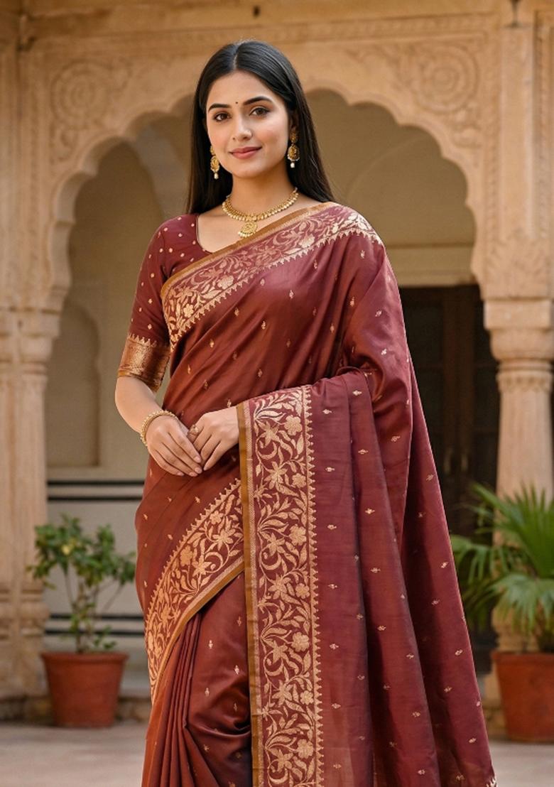 Coffee Woven Design Banarasi Saree Set - Indya