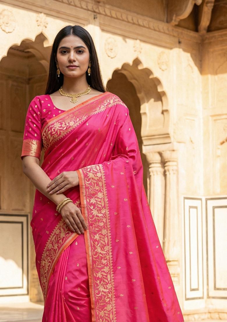 Pink Woven Design Banarasi Saree Set - Indya