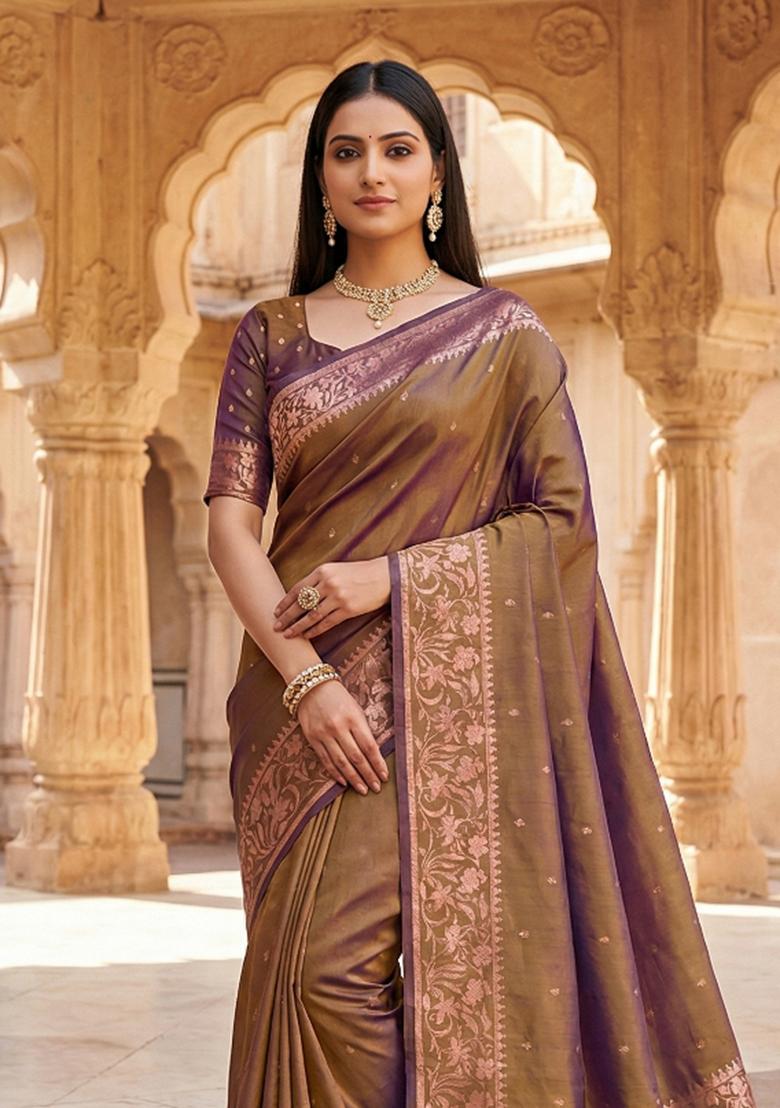 Golden Woven Design Banarasi Saree Set - Indya