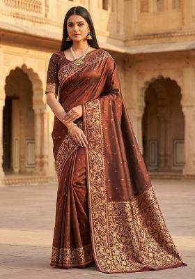 Brown Woven Design Banarasi Saree Set
