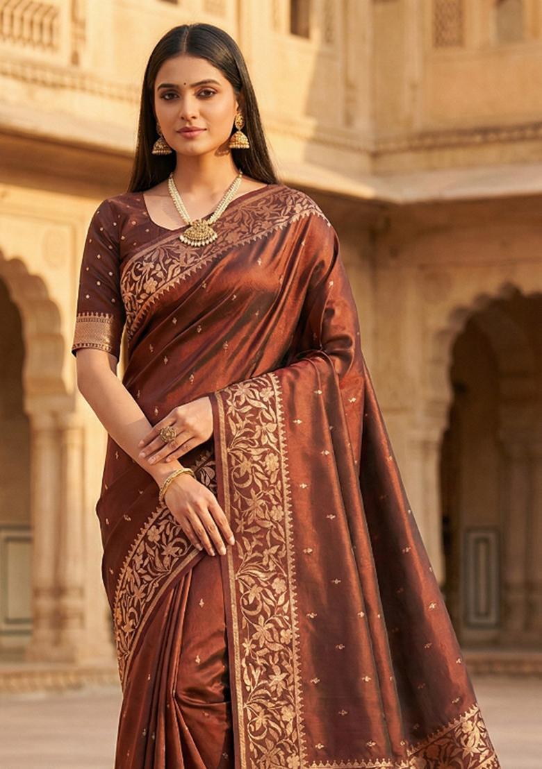 Brown Woven Design Banarasi Saree Set - Indya