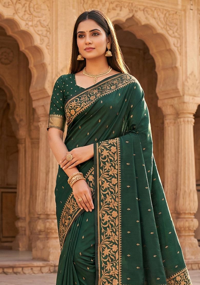 Green Woven Design Banarasi Saree Set - Indya