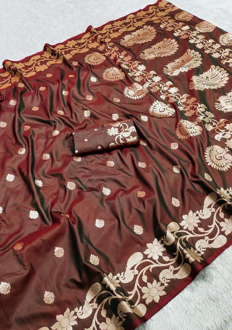 Coffee Woven Design Banarasi Saree Set - Indya