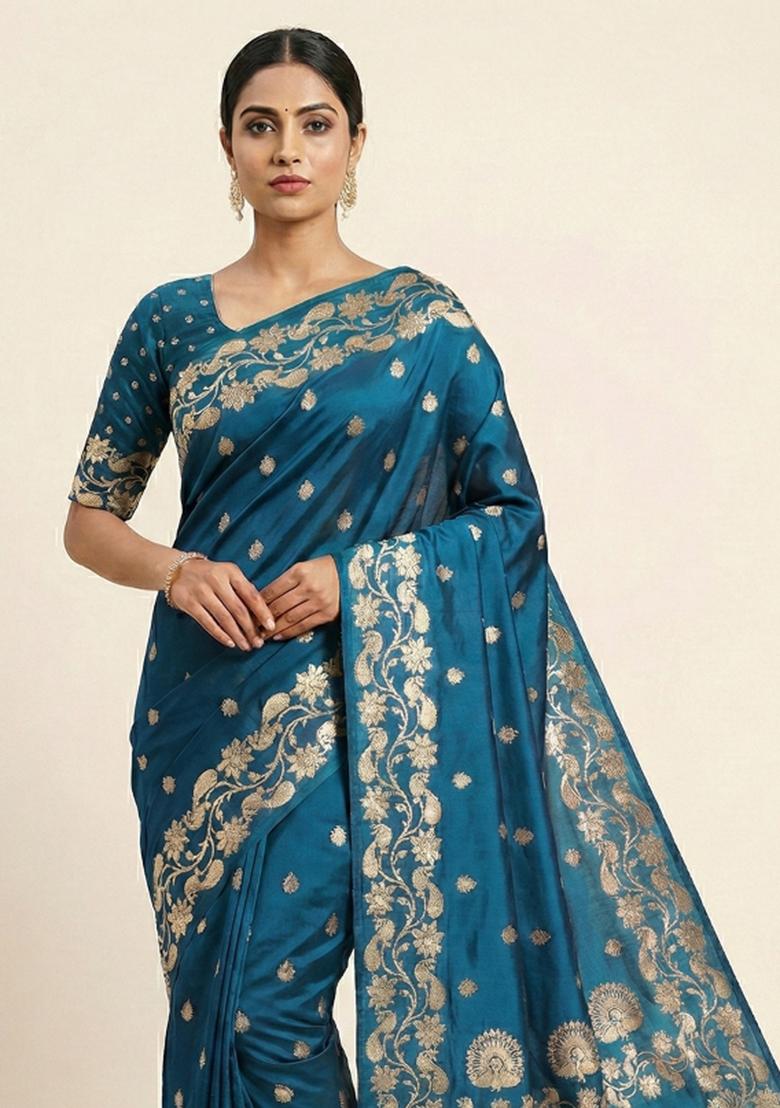 Blue Woven Design Banarasi Saree Set - Indya