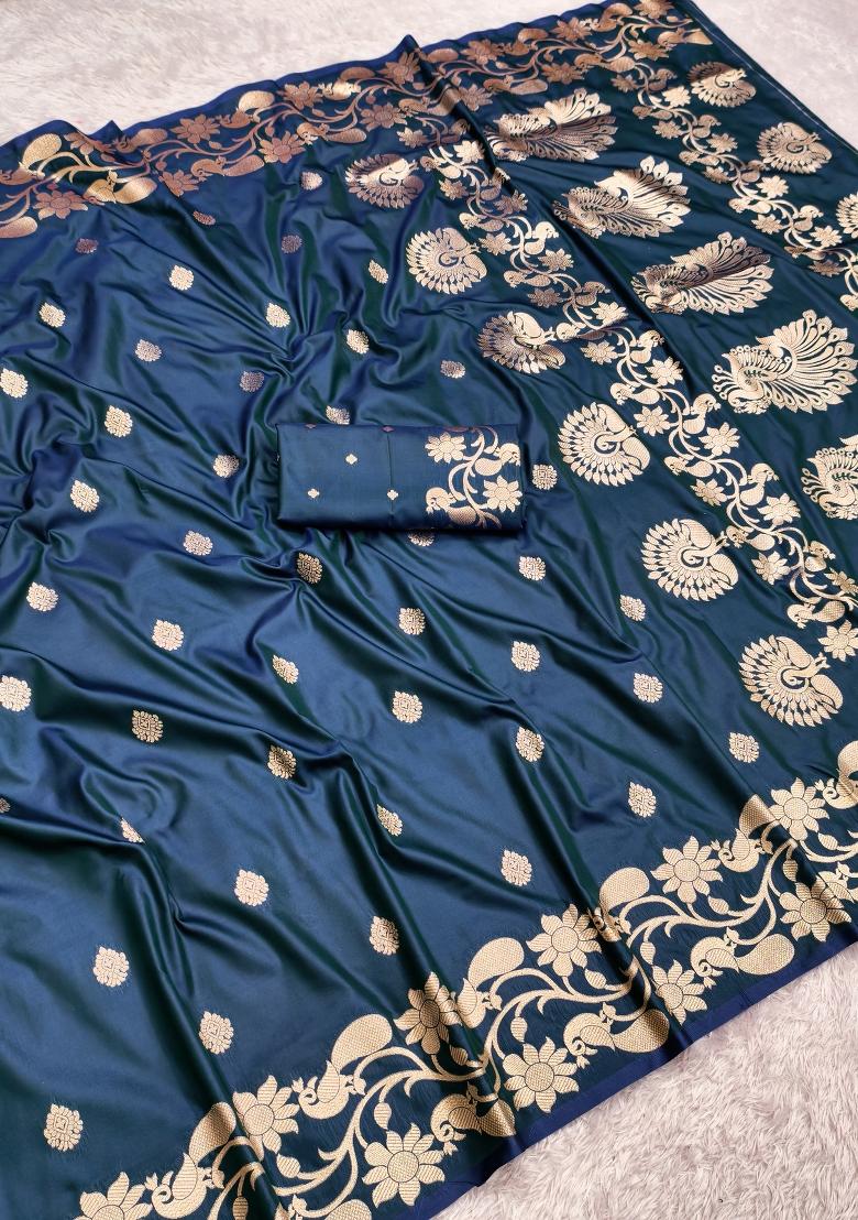 Blue Woven Design Banarasi Saree Set - Indya