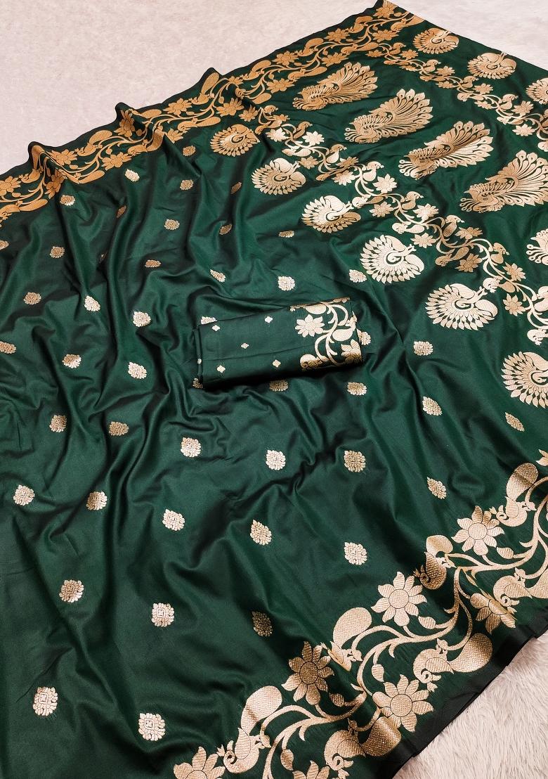 Green Woven Design Banarasi Saree Set - Indya