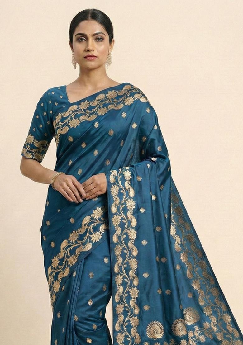 Teal Woven Design Banarasi Saree Set - Indya