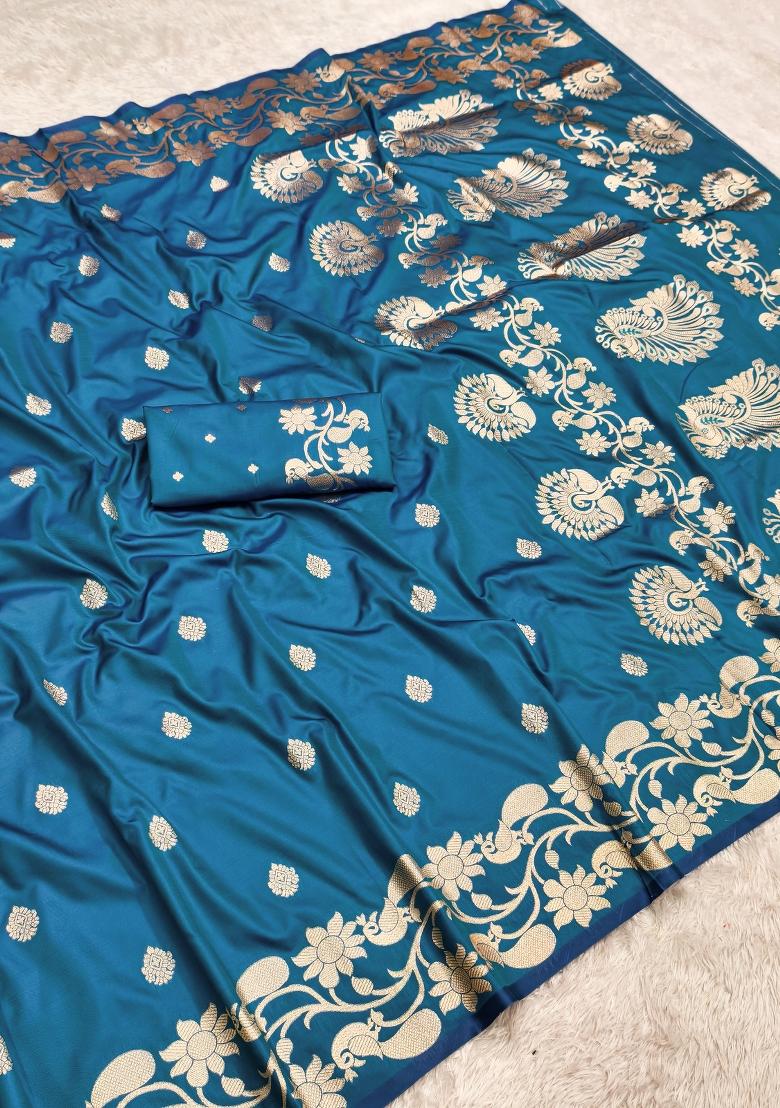Teal Woven Design Banarasi Saree Set - Indya