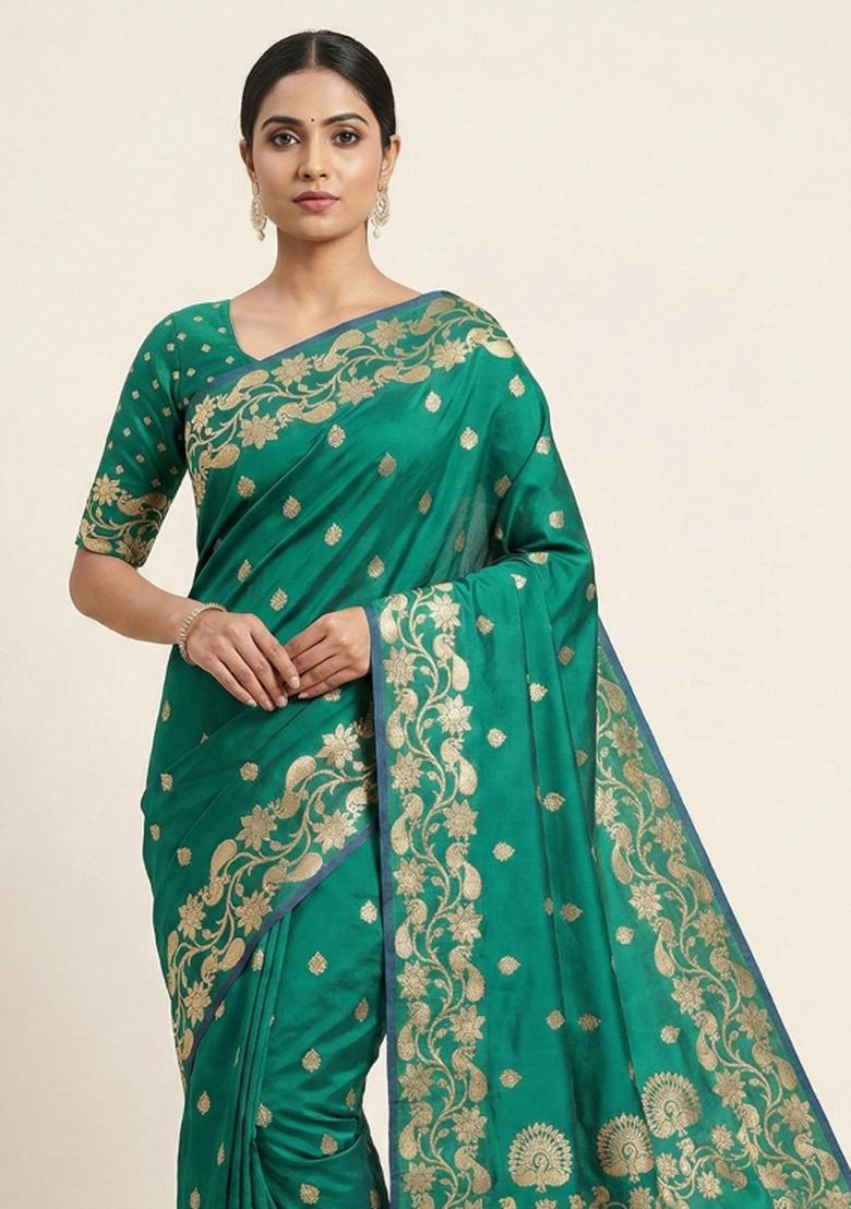 Sea Green Woven Design Banarasi Saree Set - Indya