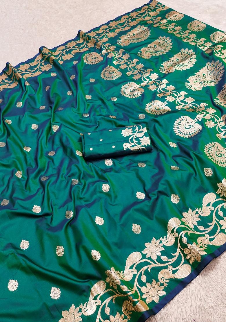 Sea Green Woven Design Banarasi Saree Set - Indya