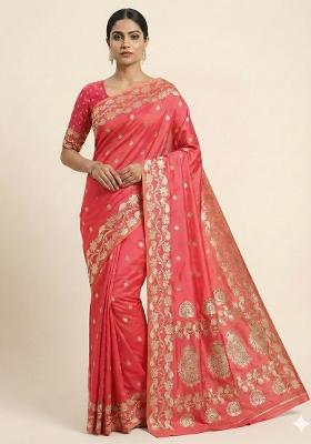Peach Woven Design Banarasi Saree Set