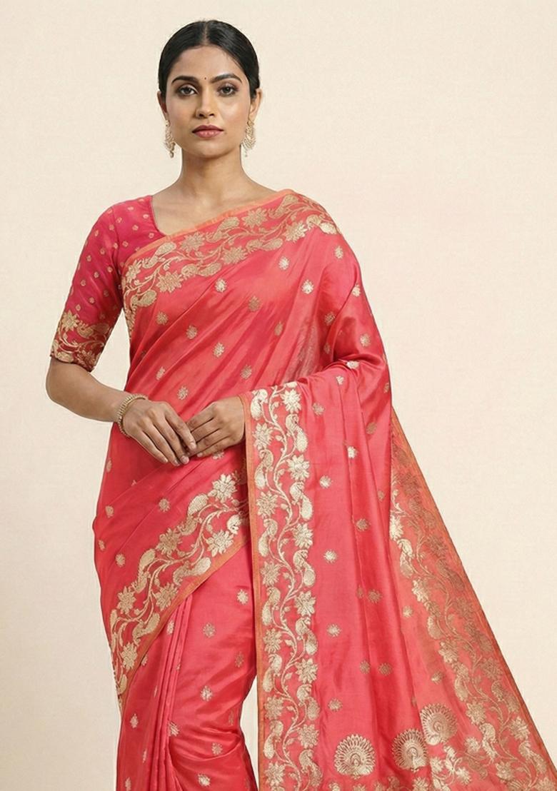 Peach Woven Design Banarasi Saree Set - Indya