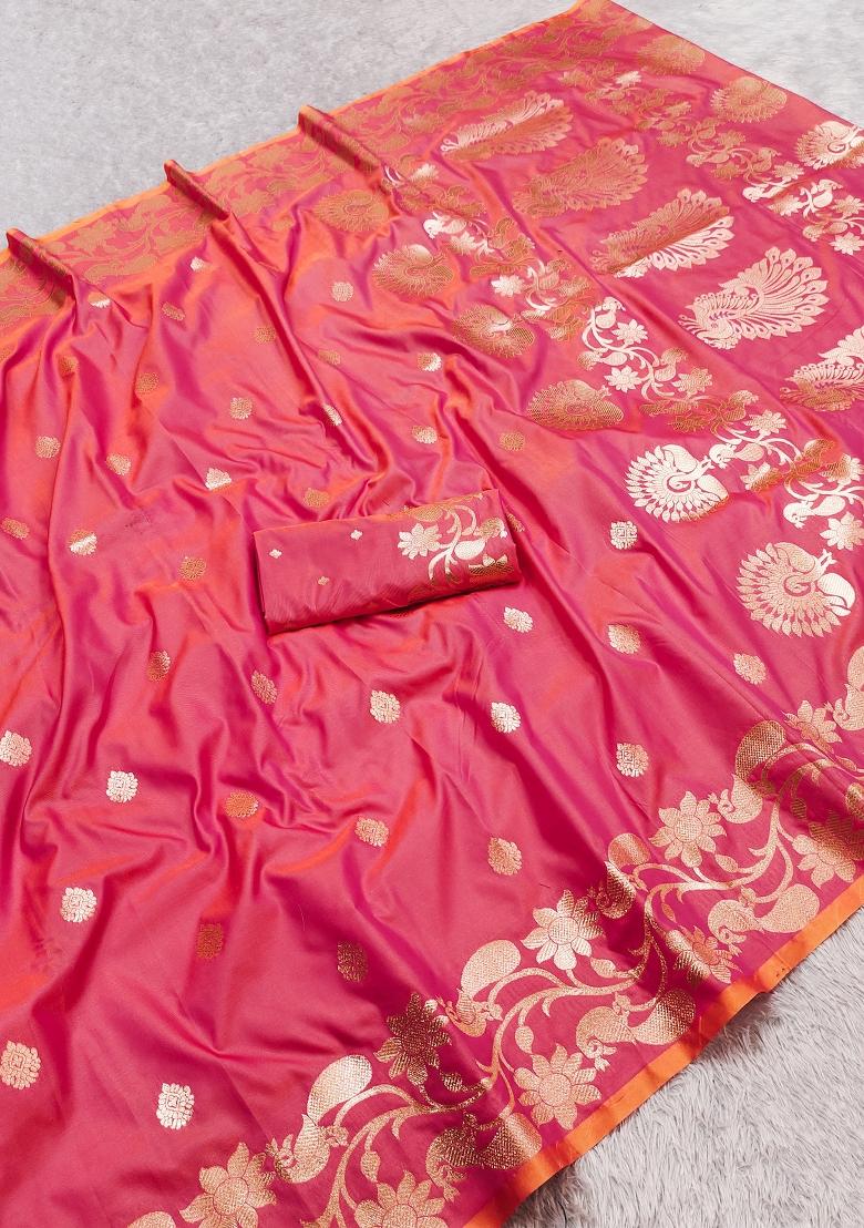 Peach Woven Design Banarasi Saree Set - Indya