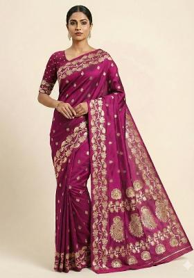 Pink Woven Design Banarasi Saree Set