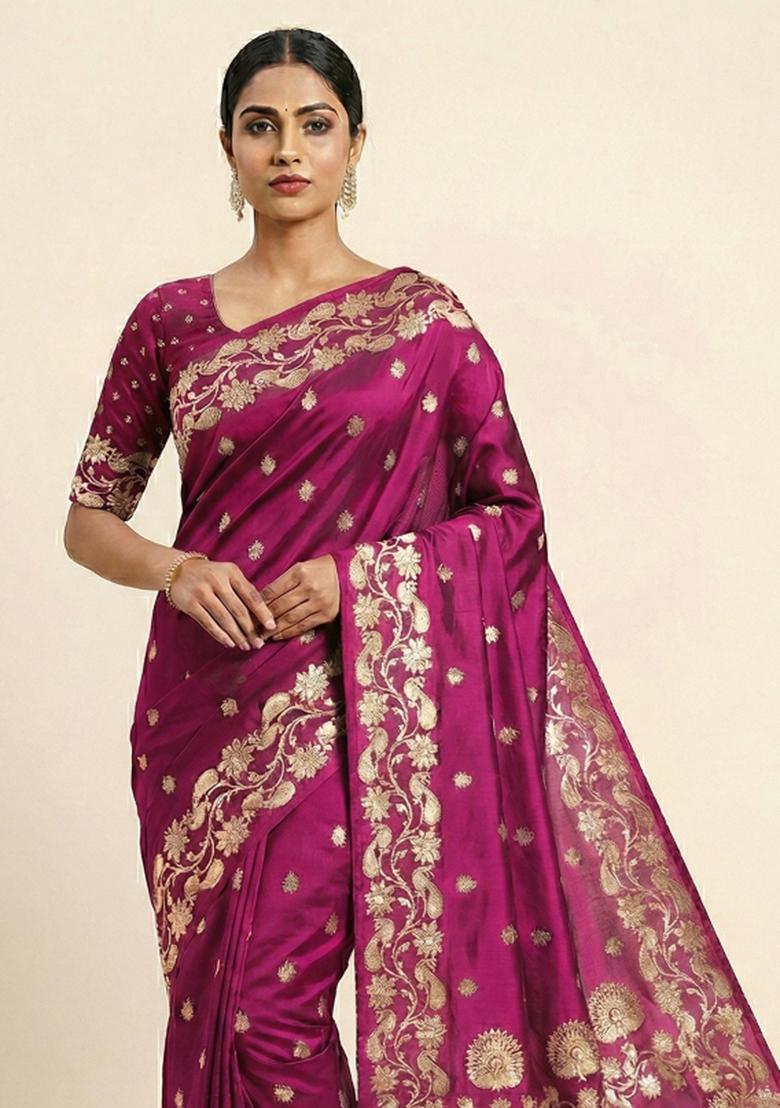 Pink Woven Design Banarasi Saree Set - Indya