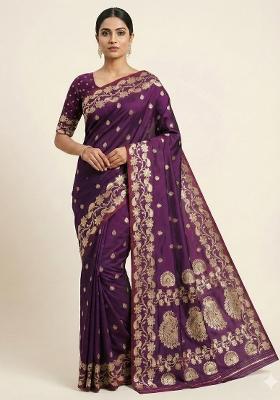 Wine Woven Design Banarasi Saree Set