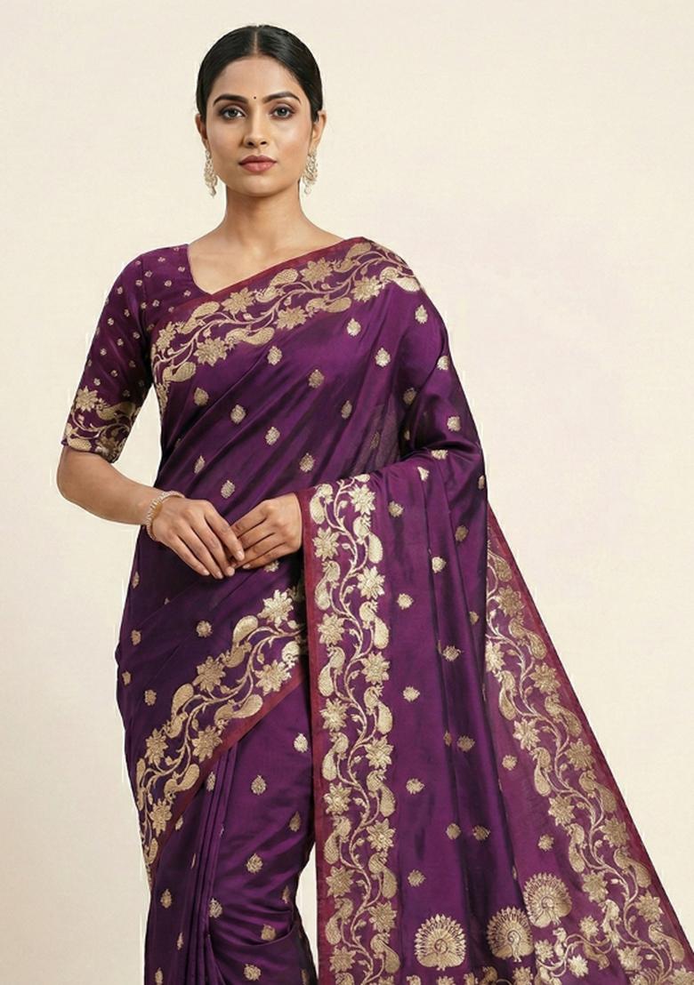 Wine Woven Design Banarasi Saree Set - Indya