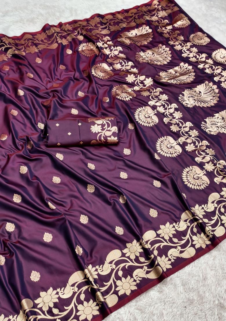 Wine Woven Design Banarasi Saree Set - Indya