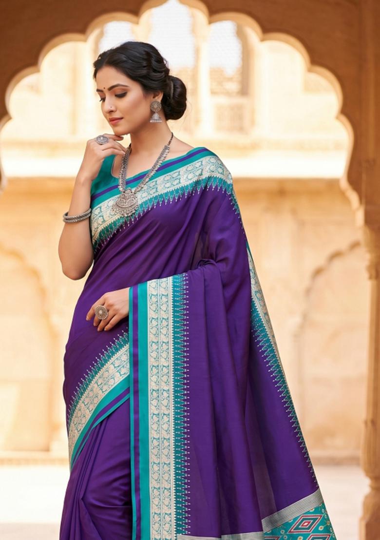 Purple Woven Design Silk Saree Set - Indya