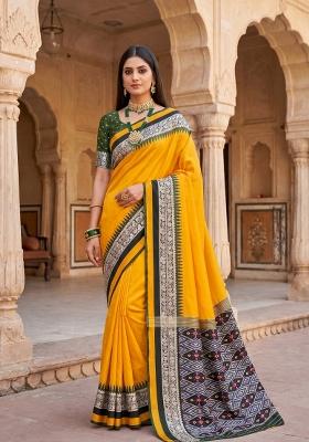 Yellow Woven Design Silk Saree Set