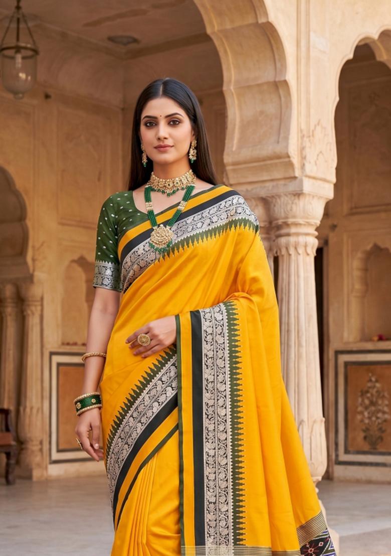 Yellow Woven Design Silk Saree Set - Indya