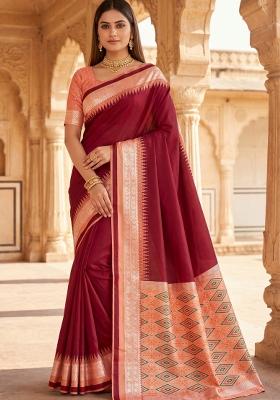Maroon Woven Design Silk Saree Set