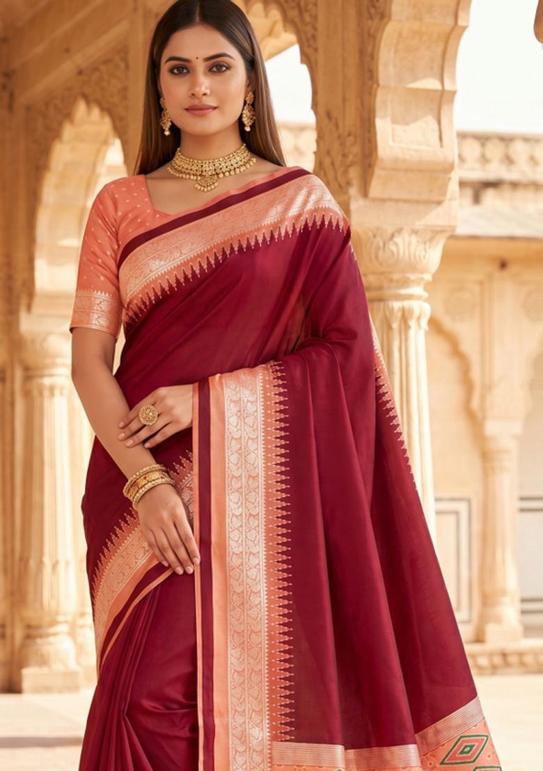 Maroon Woven Design Silk Saree Set - Indya
