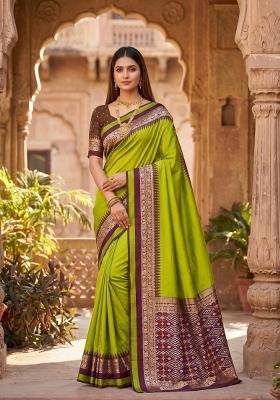 Parrot Green Woven Design Silk Saree Set