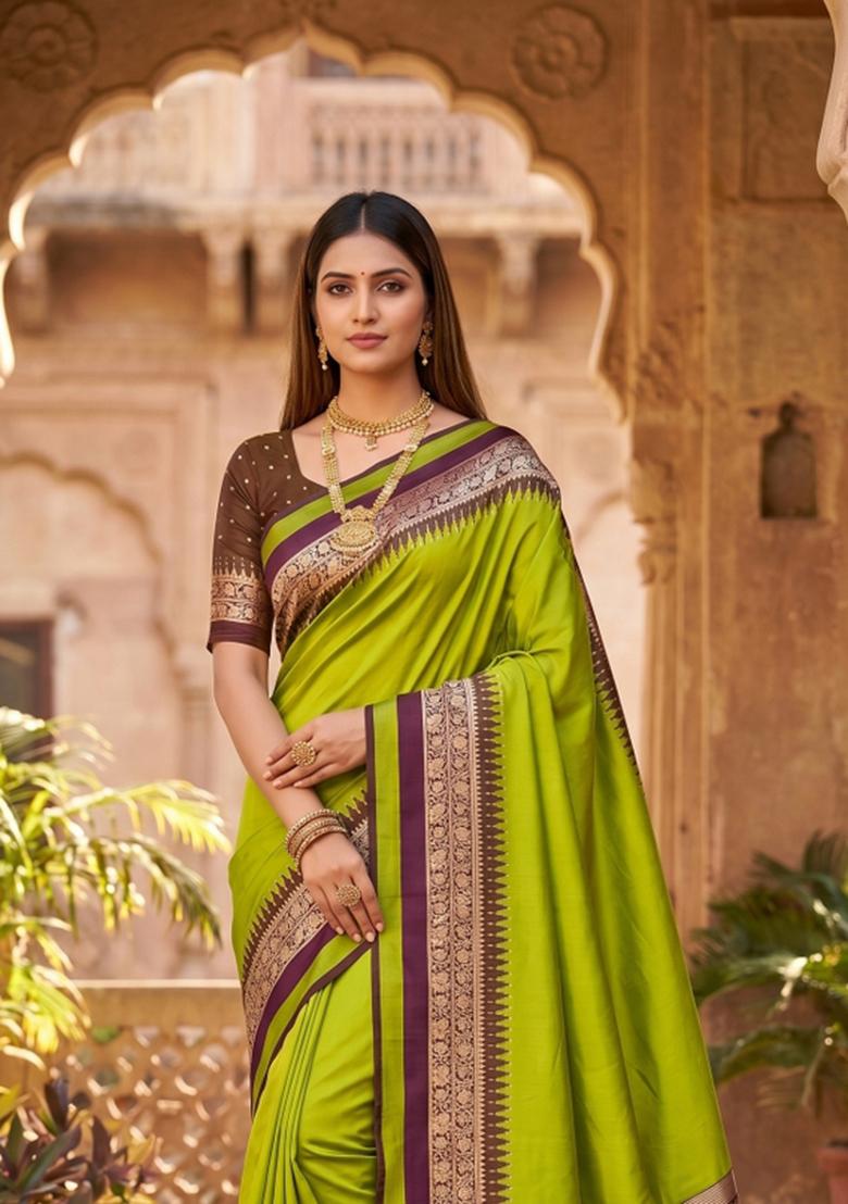 Parrot Green Woven Design Silk Saree Set - Indya