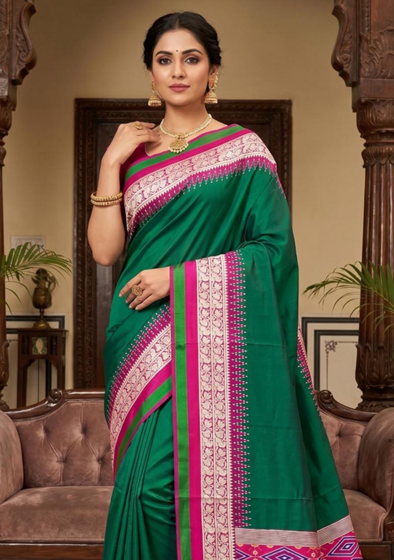 Green Woven Design Silk Saree Set - Indya