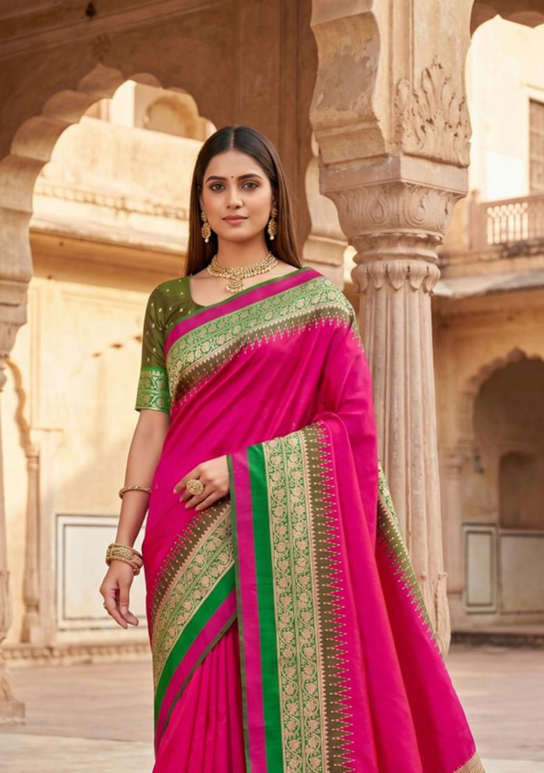 Pink Woven Design Silk Saree Set - Indya