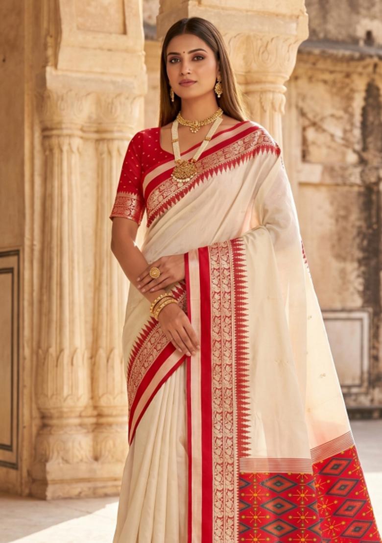 White Woven Design Silk Saree Set - Indya