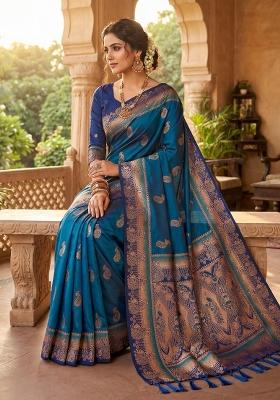 Blue Woven Design Banarasi Saree Set