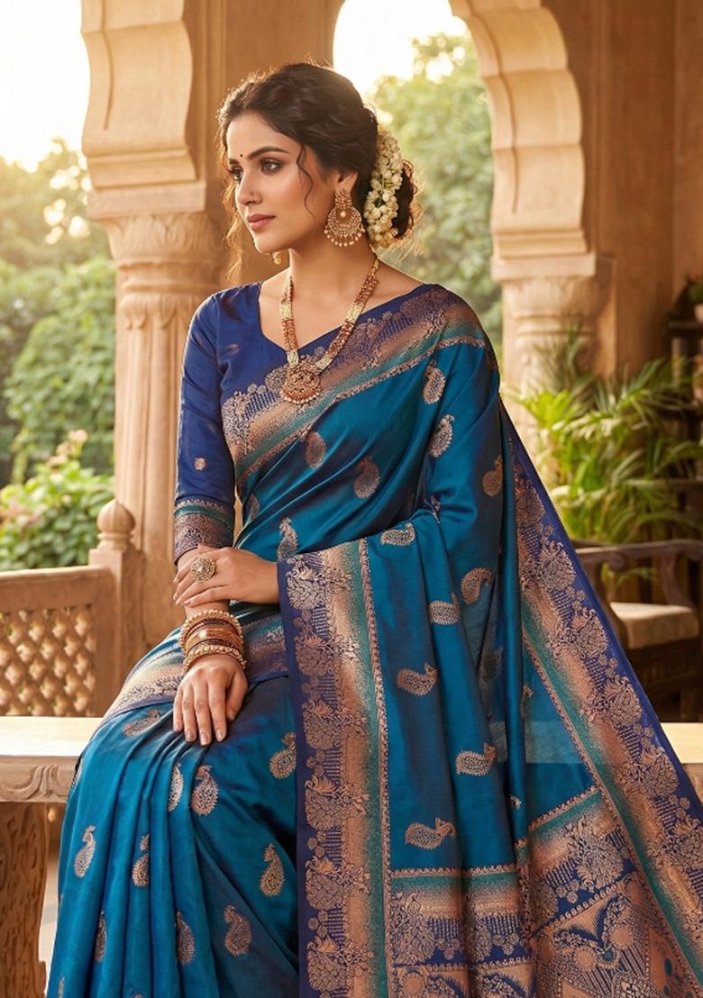 Blue Woven Design Banarasi Saree Set - Indya