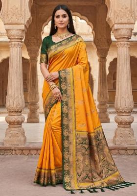 Yellow Woven Design Banarasi Saree Set