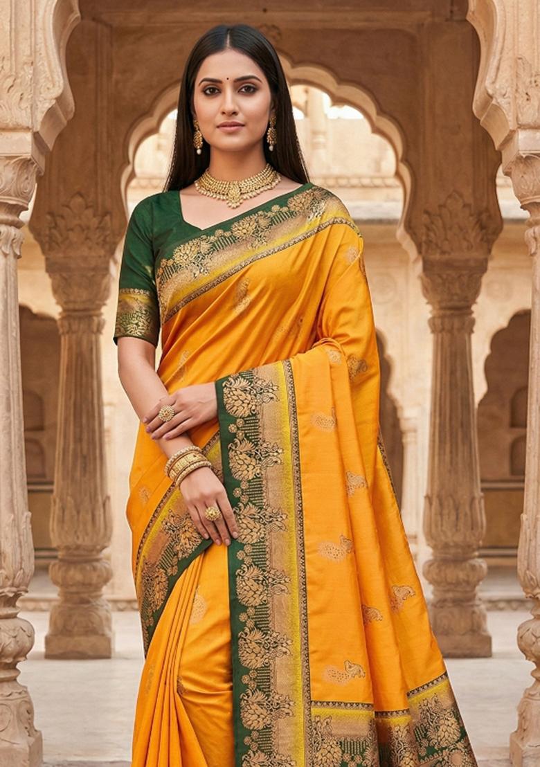 Yellow Woven Design Banarasi Saree Set - Indya