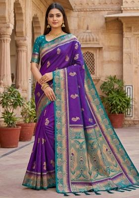 Purple Woven Design Banarasi Saree Set