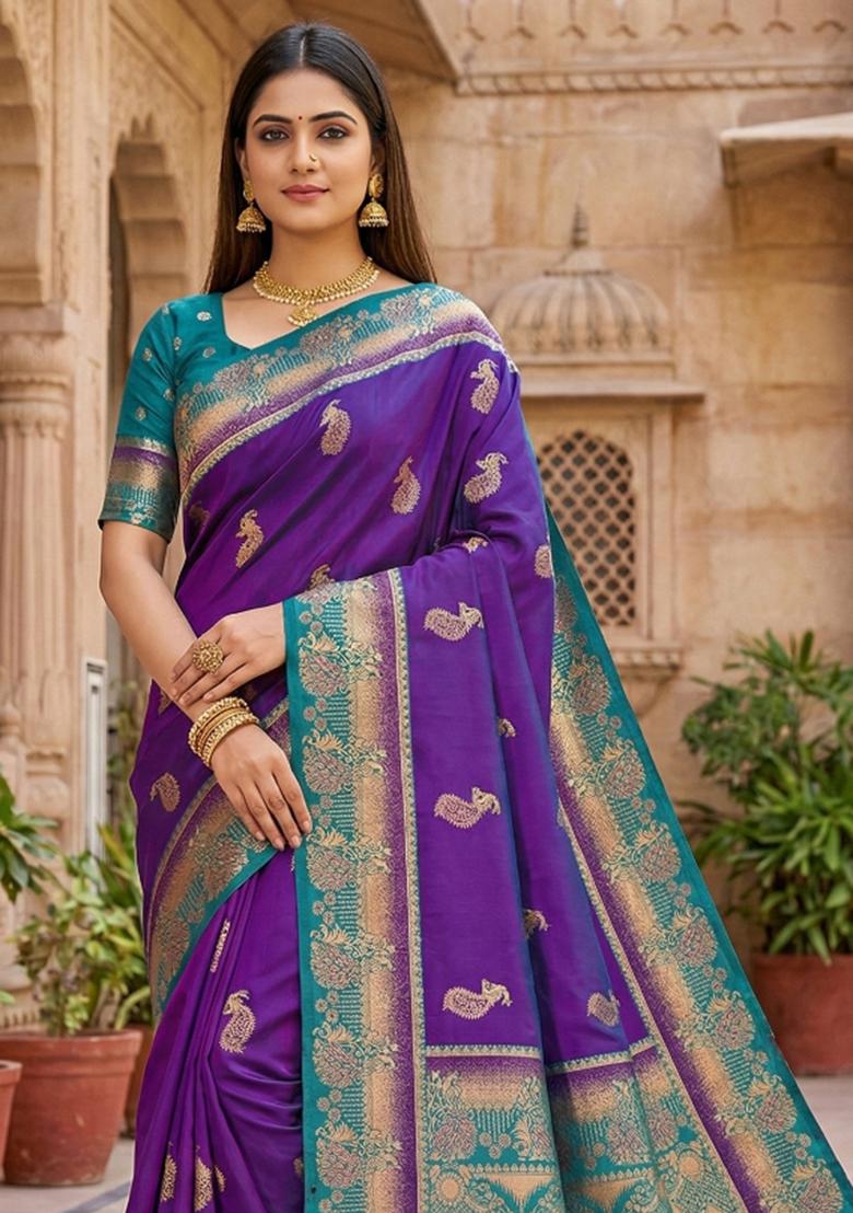 Purple Woven Design Banarasi Saree Set - Indya