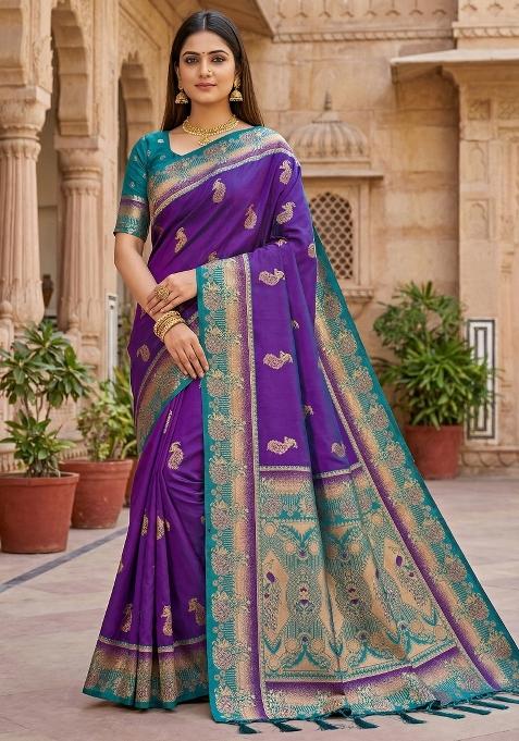 Purple Woven Design Banarasi Saree Set