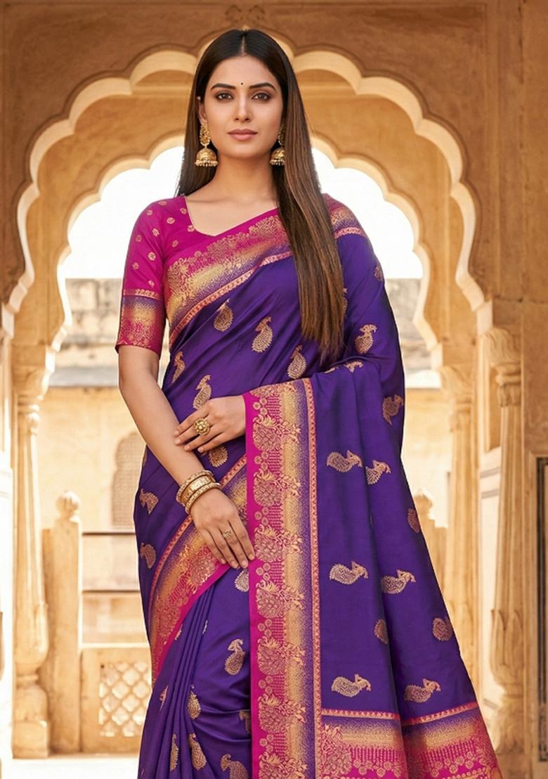 Royal Blue Woven Design Banarasi Saree Set - Indya