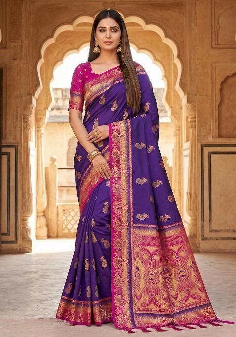 Royal Blue Woven Design Banarasi Saree Set
