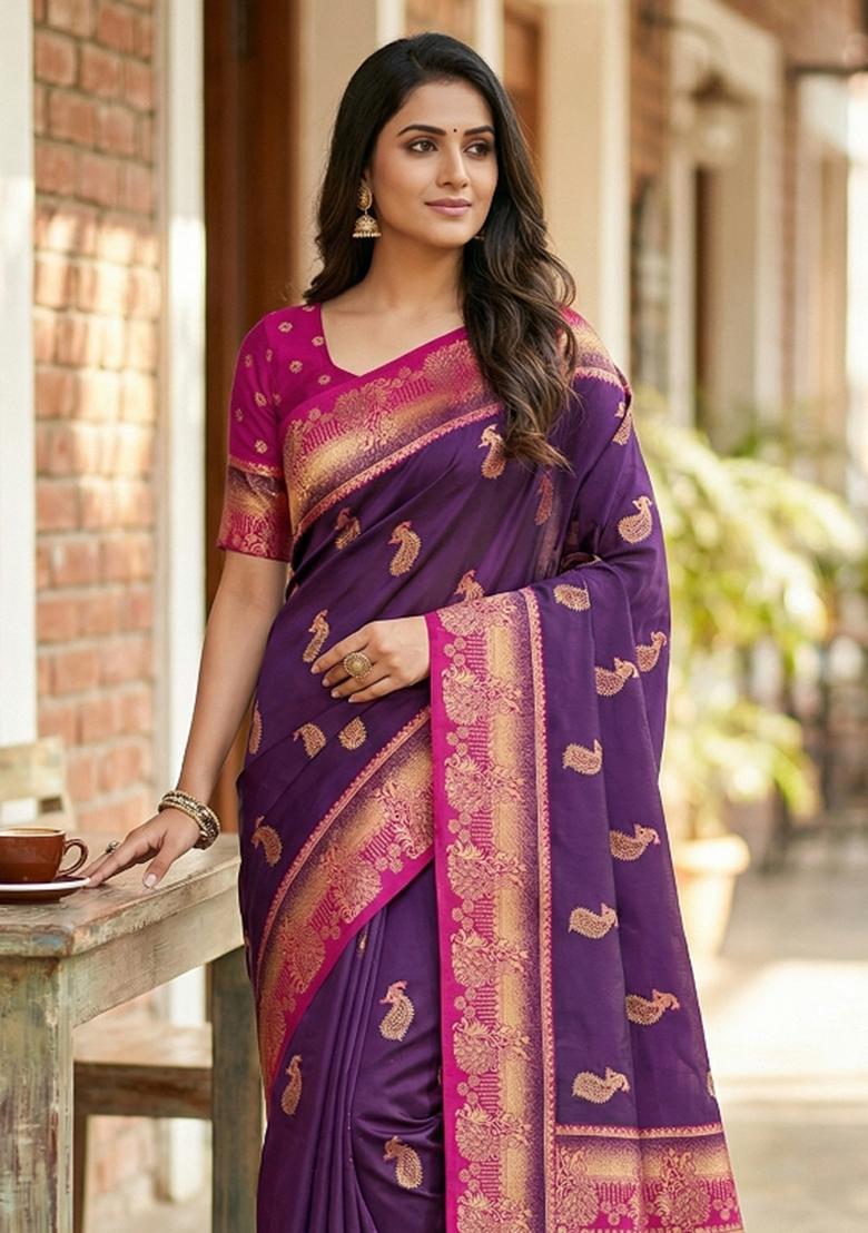 Wine Woven Design Banarasi Saree Set - Indya