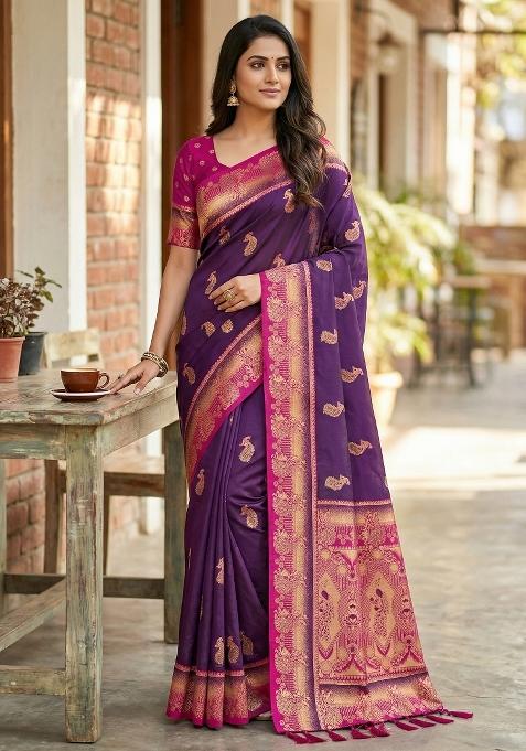Wine Woven Design Banarasi Saree Set