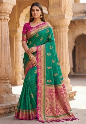 Sea Green Woven Design Banarasi Saree Set