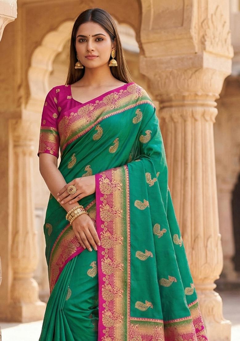 Sea Green Woven Design Banarasi Saree Set - Indya