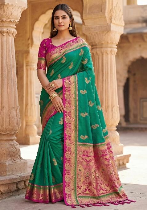 Sea Green Woven Design Banarasi Saree Set