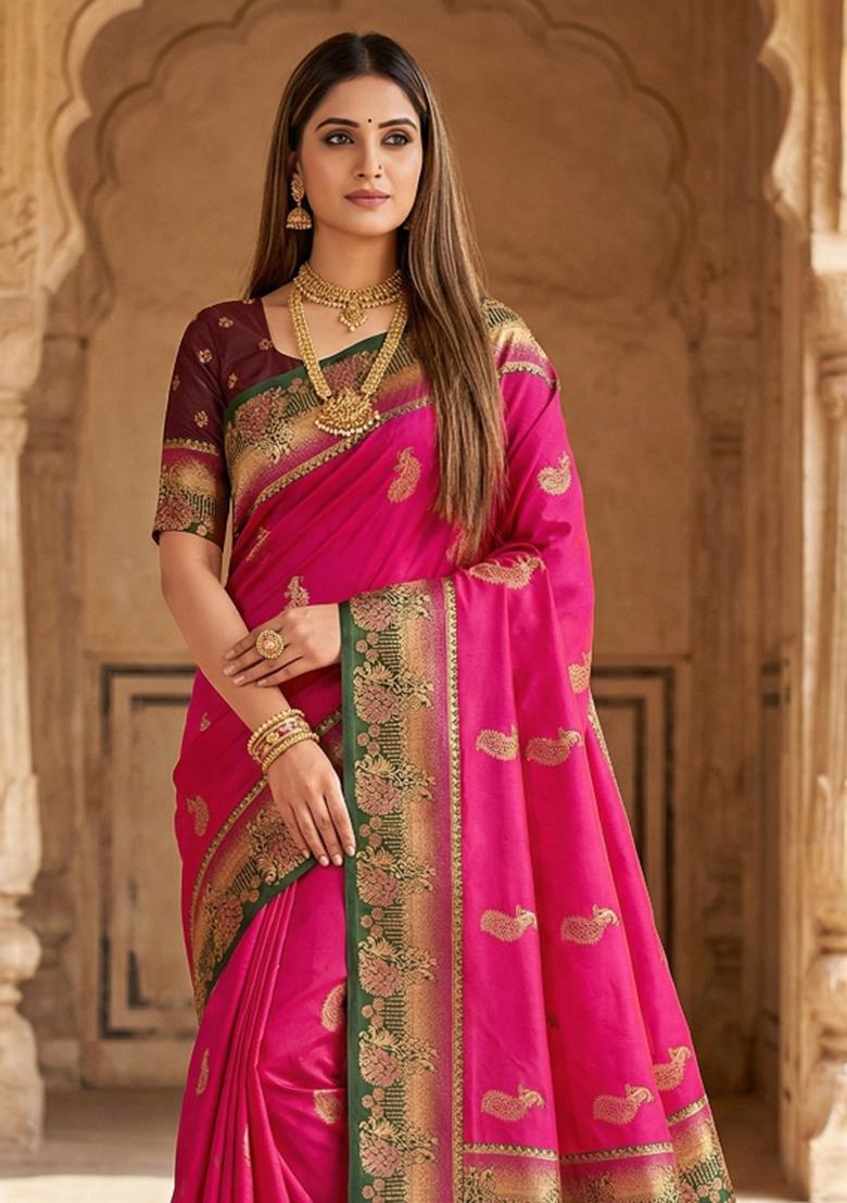 Pink Woven Design Banarasi Saree Set - Indya
